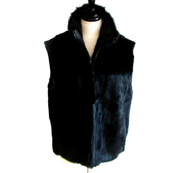 Unisex Fur Vest Designer Andrew Marc Black Rabbit Fur High Neck Sleeveless Vest